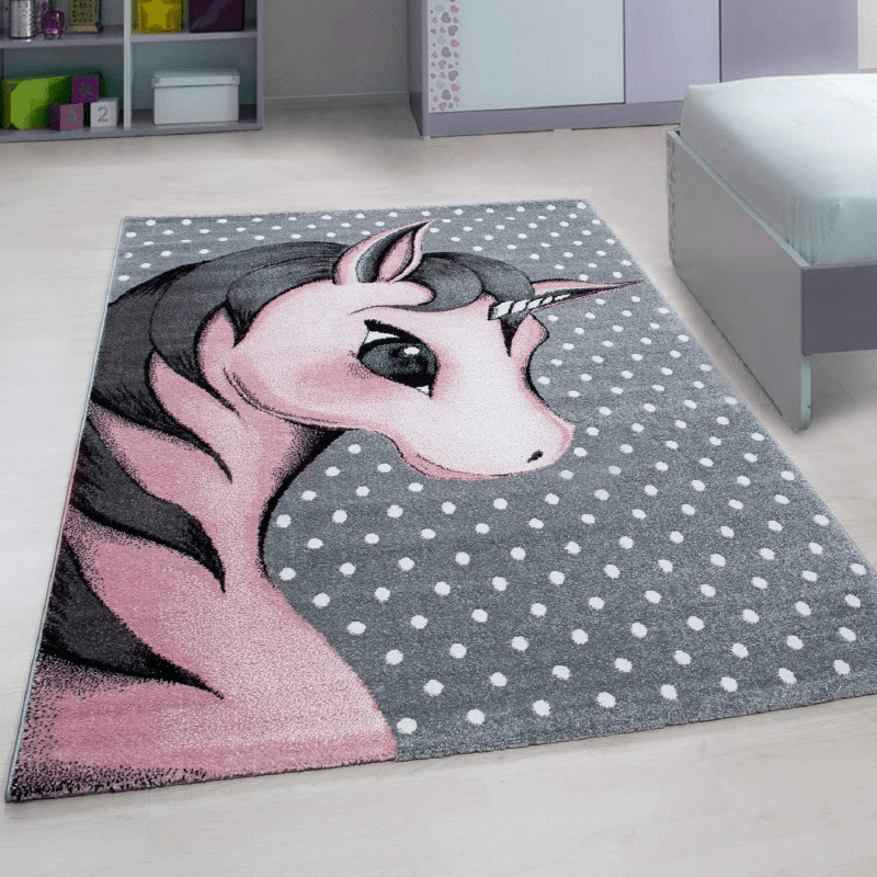 Pink & Grey Polkadots Unicorn Rug - Kids Rugs Rug Masters