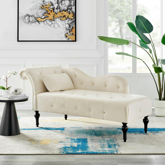 Chaise Velvet Lounge Sofa with Wooden Legs - Cream-5056536103154-Bargainia.com