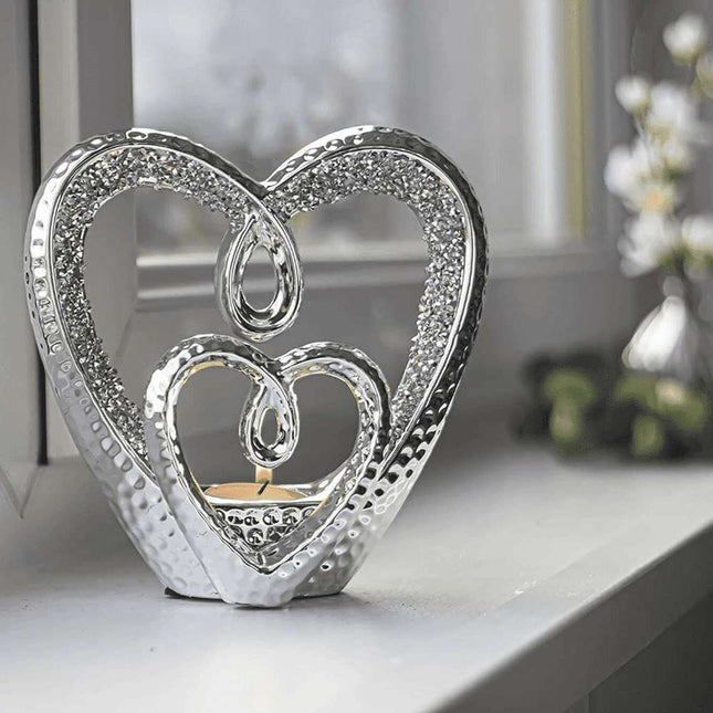 Silver Sparkle Diamante Heart Tea Light Holder - 16cm 5010792472942 only5pounds-com