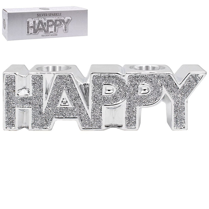 Silver Sparkle Happy Tea Light Holder - 27 x 6 x 8cm 5010792482880 only5pounds-com