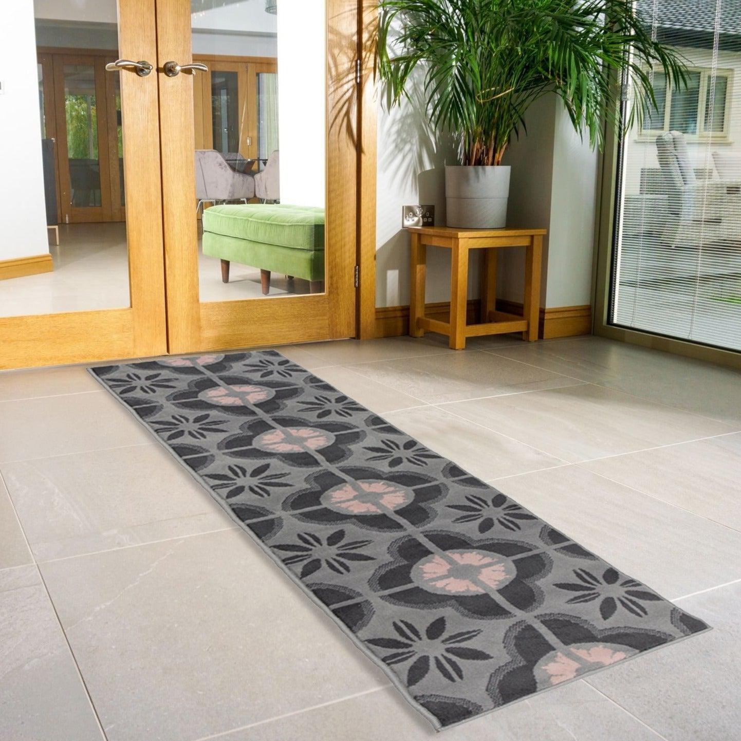 Stair Runner Hard Wearing Kitchen Mat - Texas Pink & Grey Floral Tiles Stair Runner Rug Masters