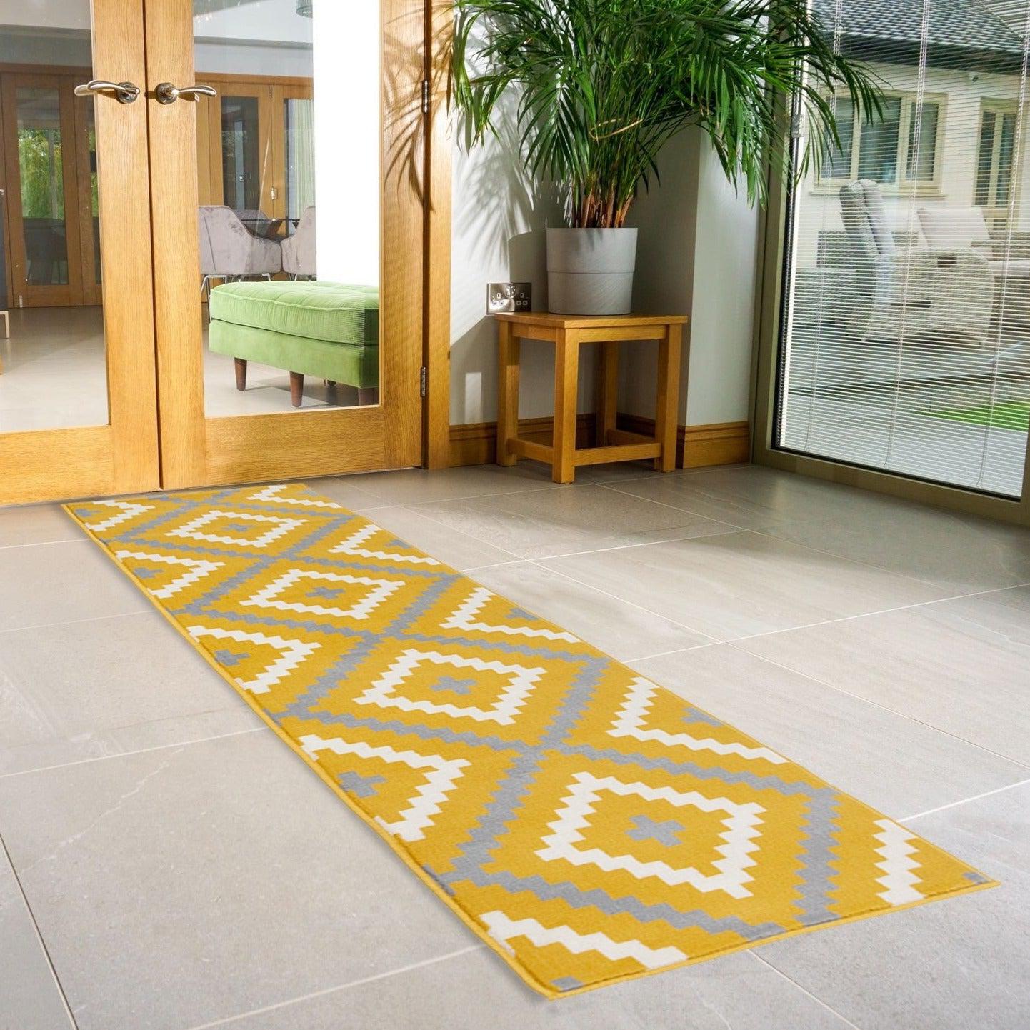 Stair Runner Hard Wearing Kitchen Mat - Texas Yellow & Grey Geometric Tiles - Bargainia.com - 