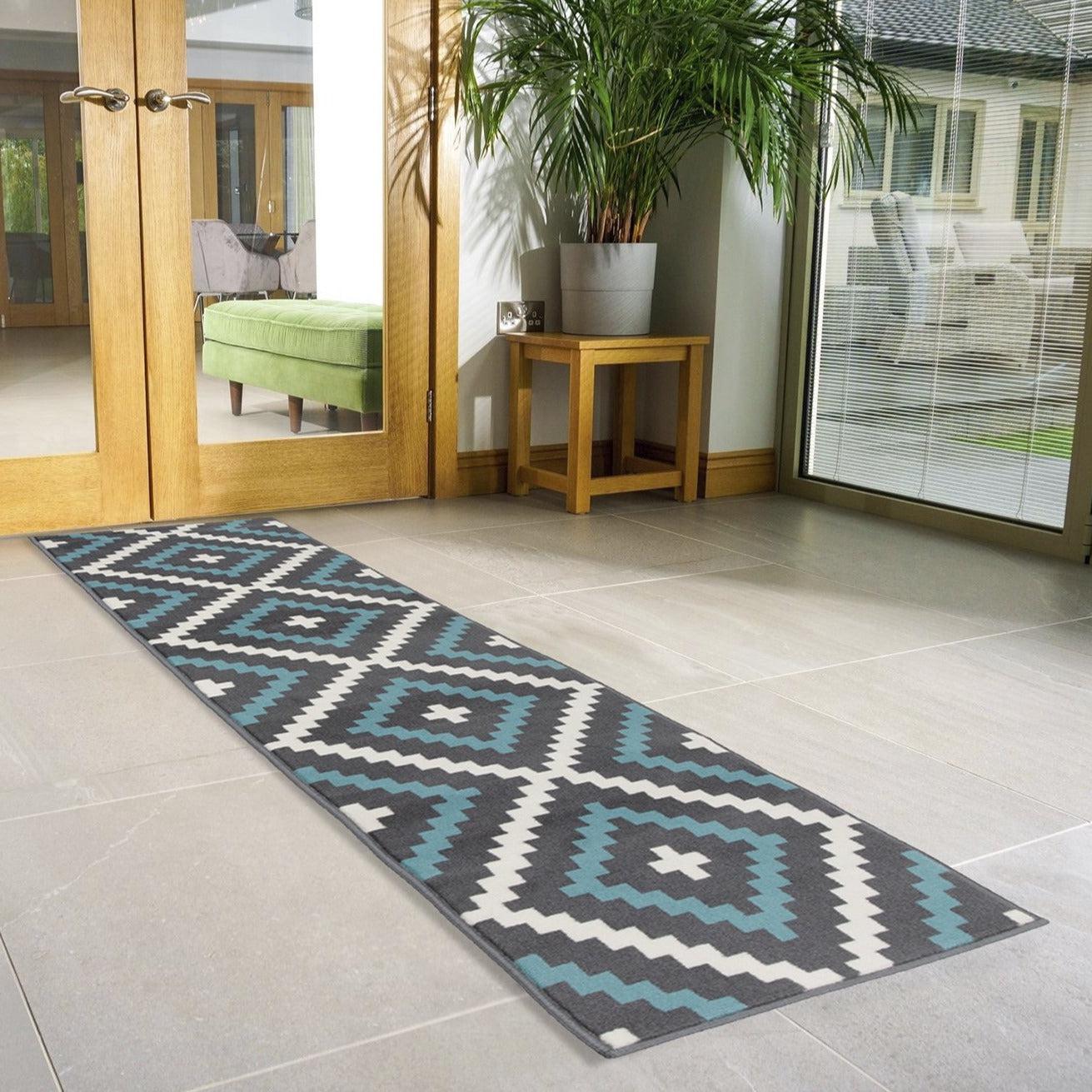 Stair Runner Hessian Backed Kitchen Mat - Texas Blue & Grey Geometric Tiles - Bargainia.com -  - RNR-TXS-2751-BS55-01FT-CST