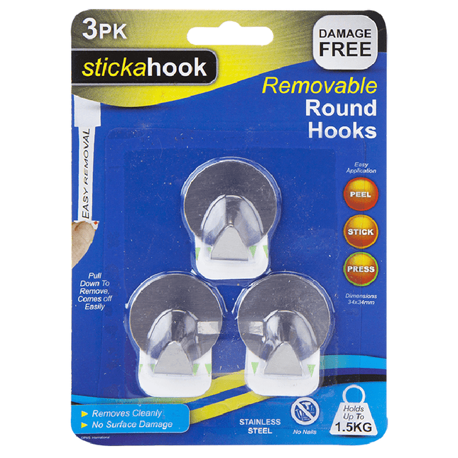 Stickahook Removable Round Hooks - Pack of 3-5.05057E+12-Bargainia.com