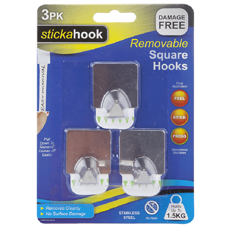 Stickahook Removable Square Silver Hooks - Pack of 3 - Bargainia.com - 