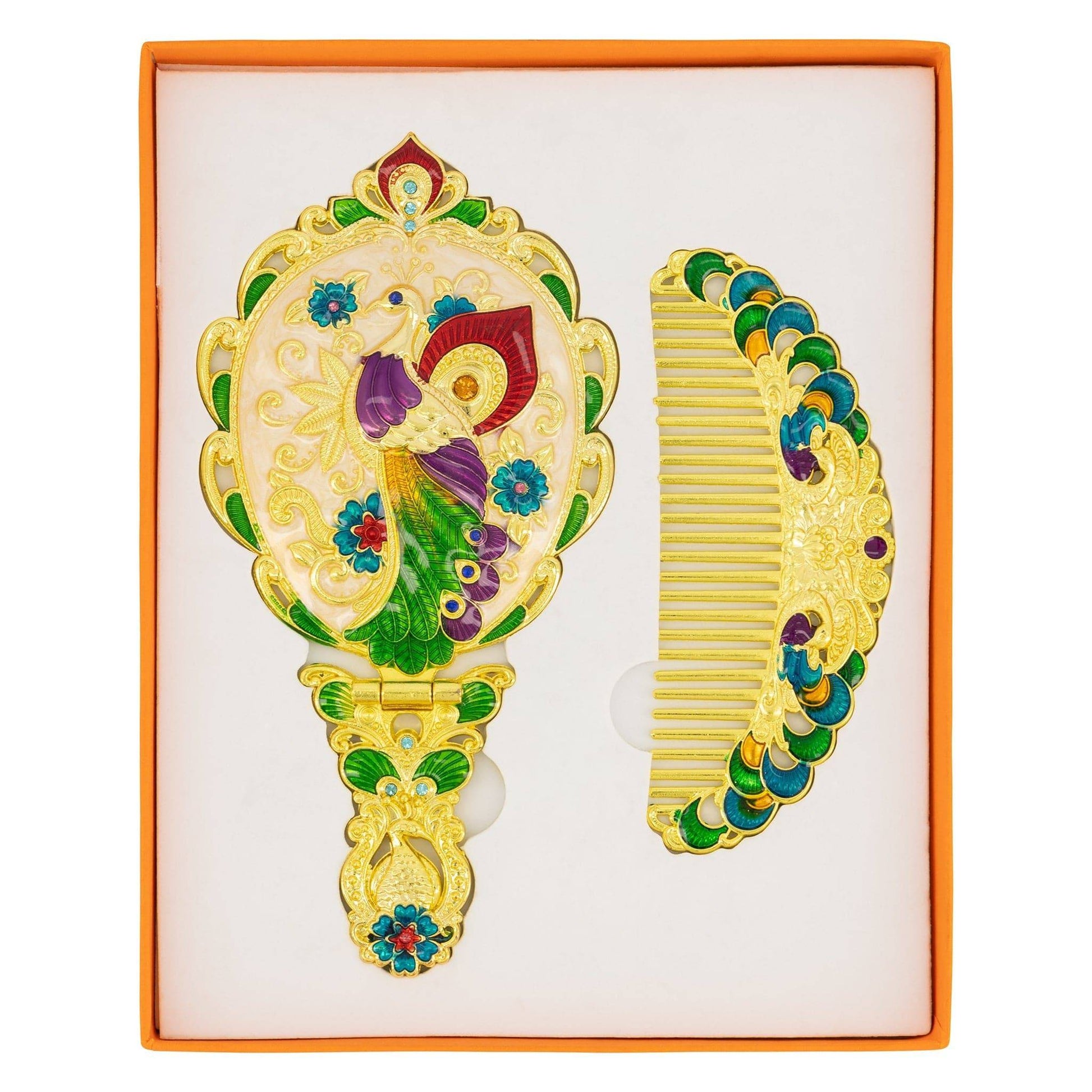 Traditional Oriental Decorated Comb & Mirror Set Hair Care Clearance