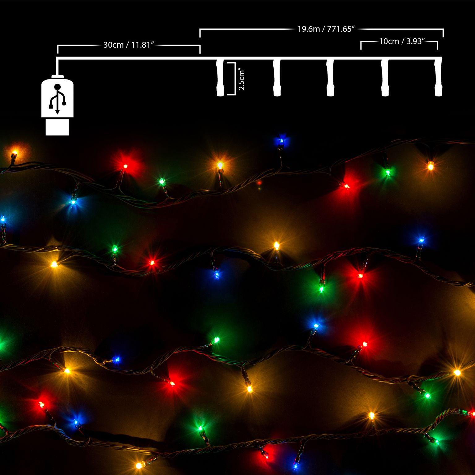 USB 8 Function LED Fairy Lights with Green Cable (200 Lights - 19M Cable) - Multicoloured Lights Lighting Clearance
