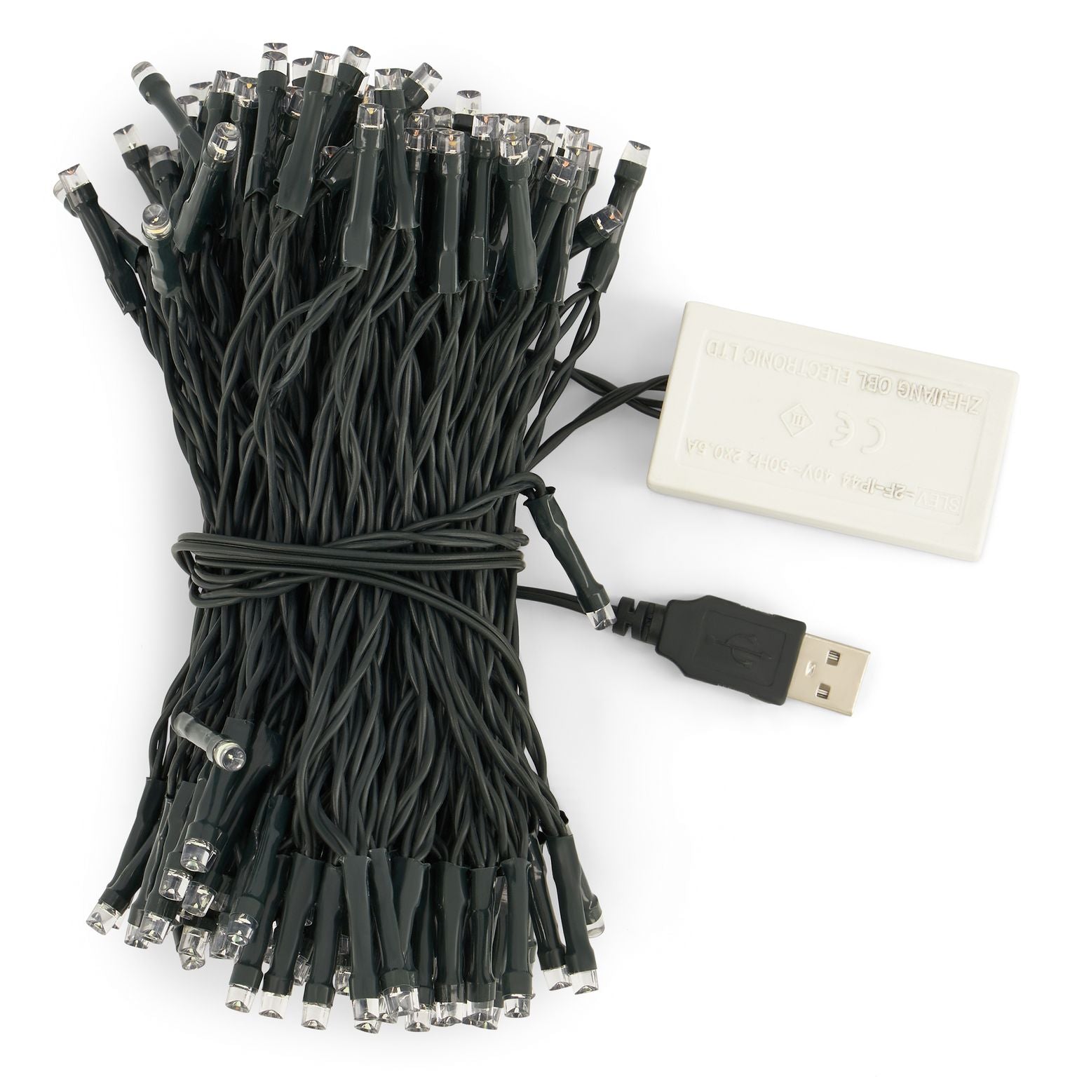 USB 8 Function LED Fairy Lights with Green Cable (200 Lights - 9M Cable) - White Lights Lighting Clearance