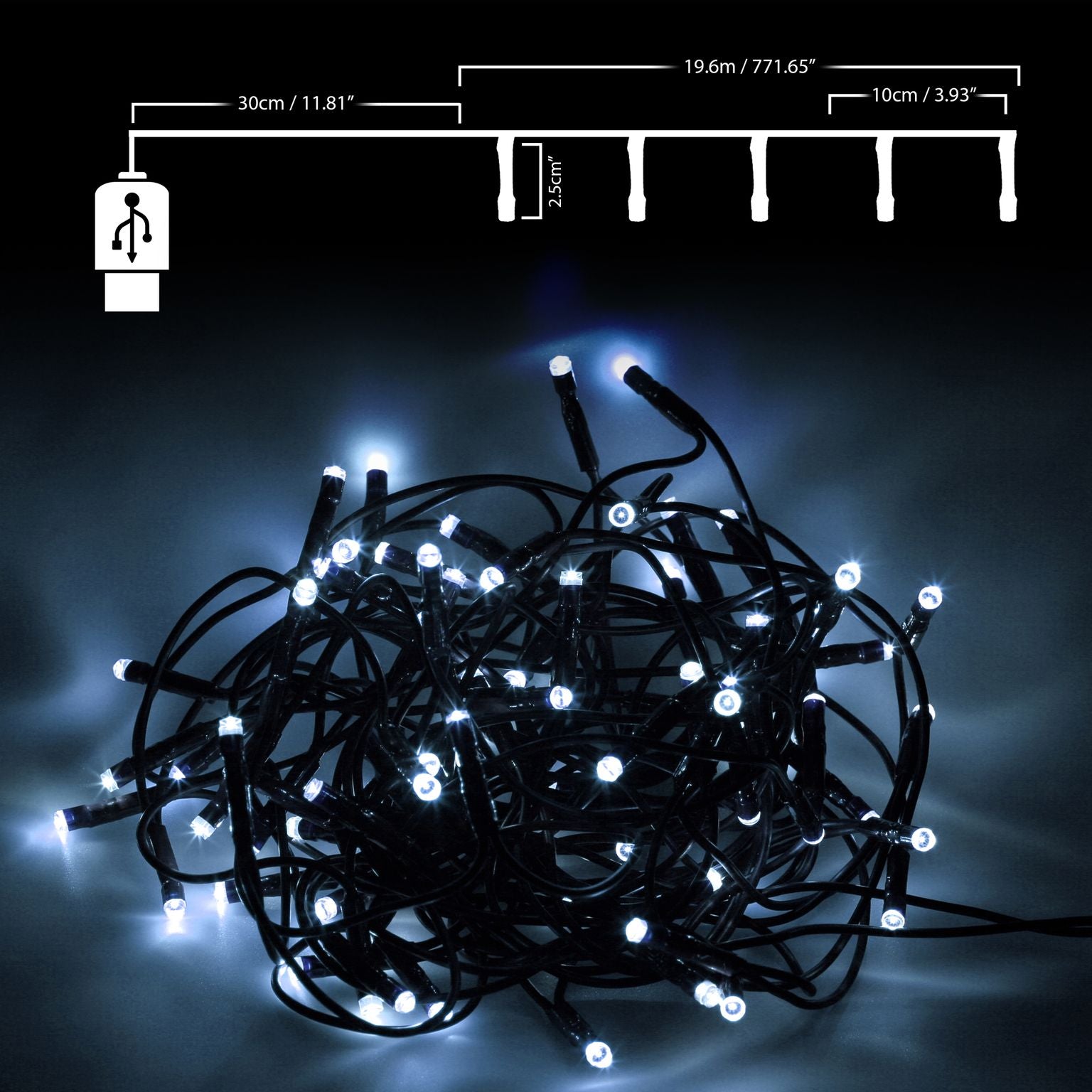 USB 8 Function LED Fairy Lights with Green Cable (200 Lights - 9M Cable) - White Lights Lighting Clearance