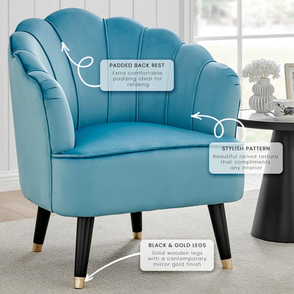 Blue velvet shell tub chair features 2